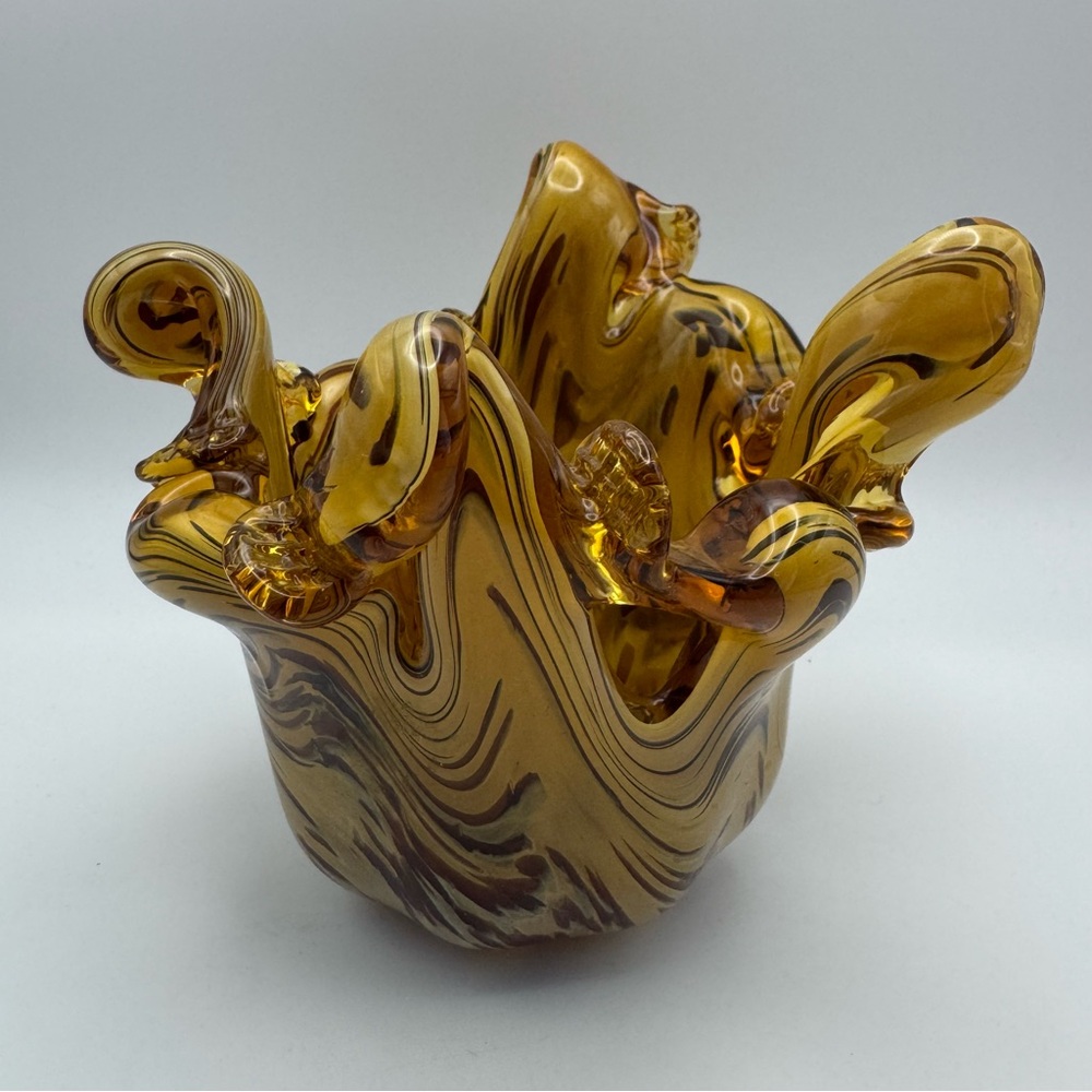 Vintage Amber Art Glass Ruffled Bowl Tortoiseshell Swirl Hand Blown Style